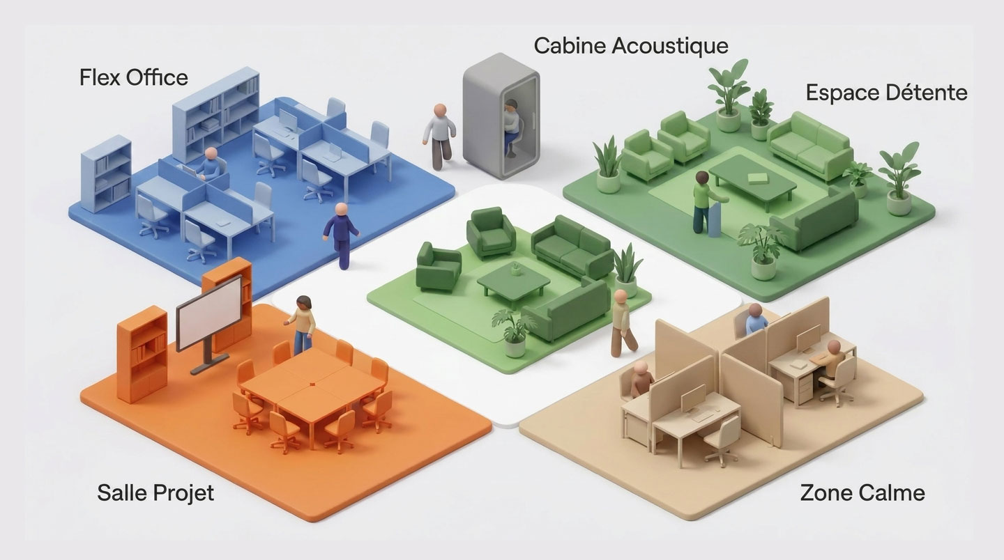 Illustration 3D isométrique d'un plateau de bureaux divisé en zones colorées distinctes : flex office, phonebox, lounge, salle projet et zone calme, avec codes couleur pédagogiques