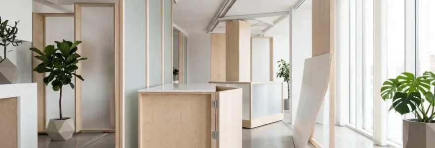 Espace intérieur modulaire avec cloisons mobiles en bois clair et verre dépoli, baigné de lumière naturelle, illustrant un aménagement flexible et reconfigurable