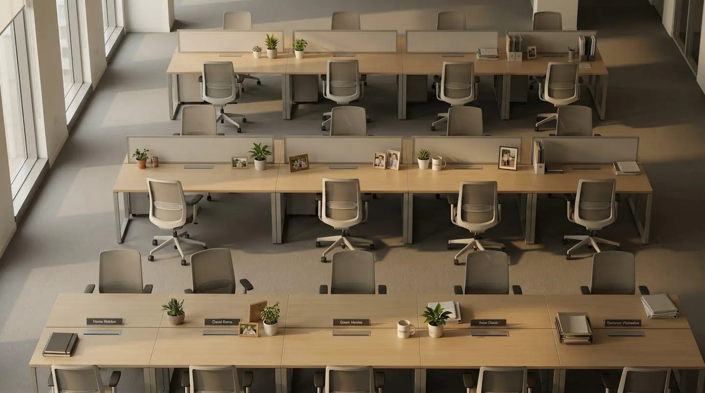 Vue aérienne d'un plateau de bureaux vide avec postes de travail inoccupés et chaises alignées, baigné de lumière matinale, symbolisant la sous-utilisation des espaces