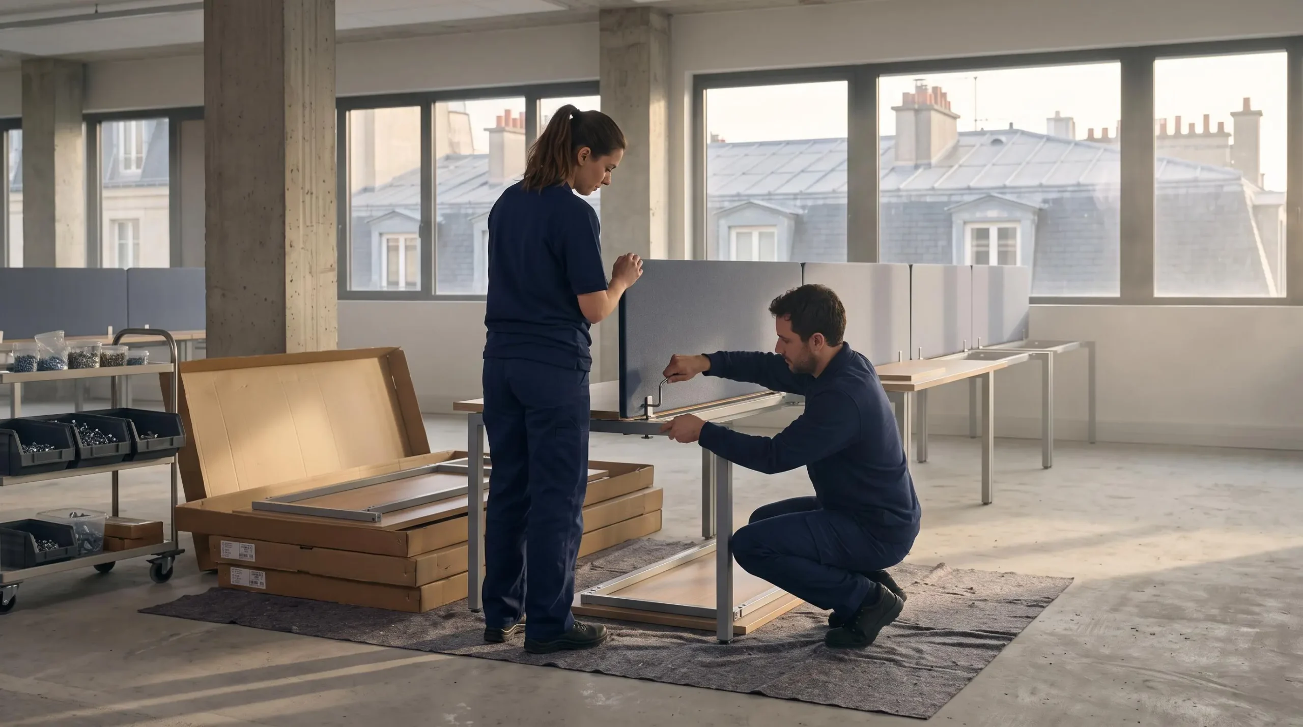 Deux installateurs assemblent un banc de bureaux modulaires sur un plateau de bureau vide avant emménagement.