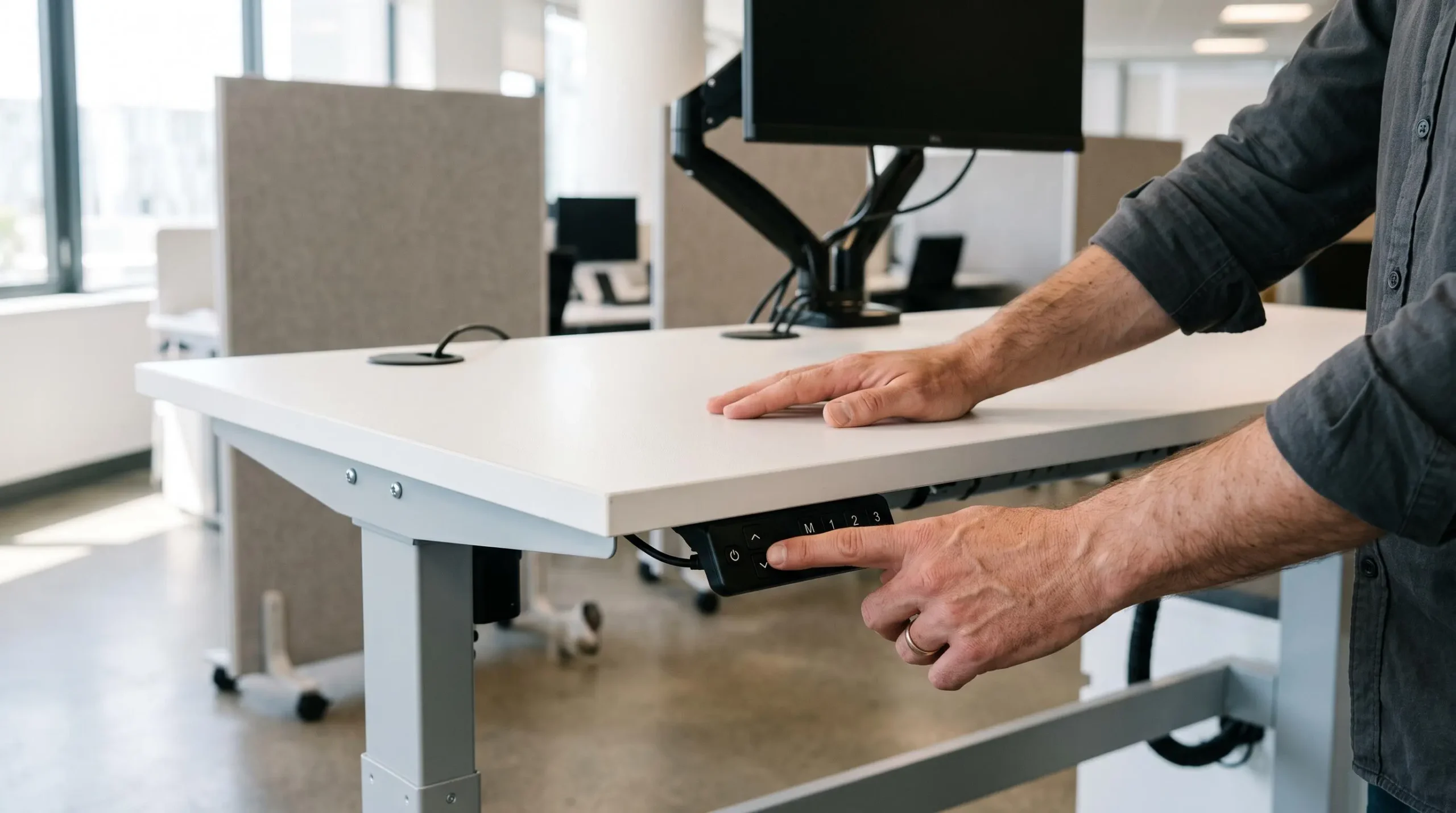 Un utilisateur règle la hauteur d'un bureau assis-debout électrique depuis son clavier de commande.