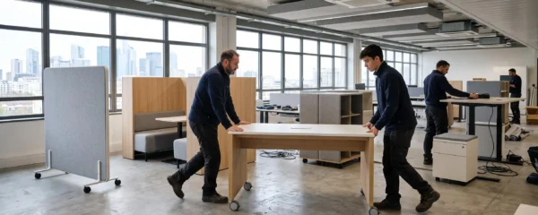 Deux techniciens repositionnent un bureau modulaire sur roulettes dans un open space en cours d'aménagement.