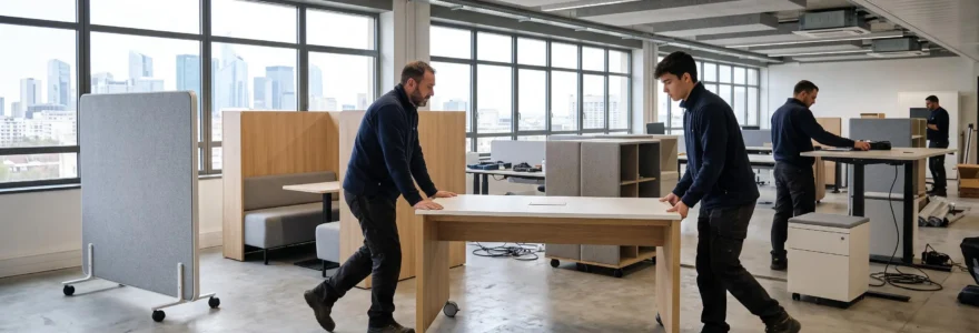 Deux techniciens repositionnent un bureau modulaire sur roulettes dans un open space en cours d'aménagement.