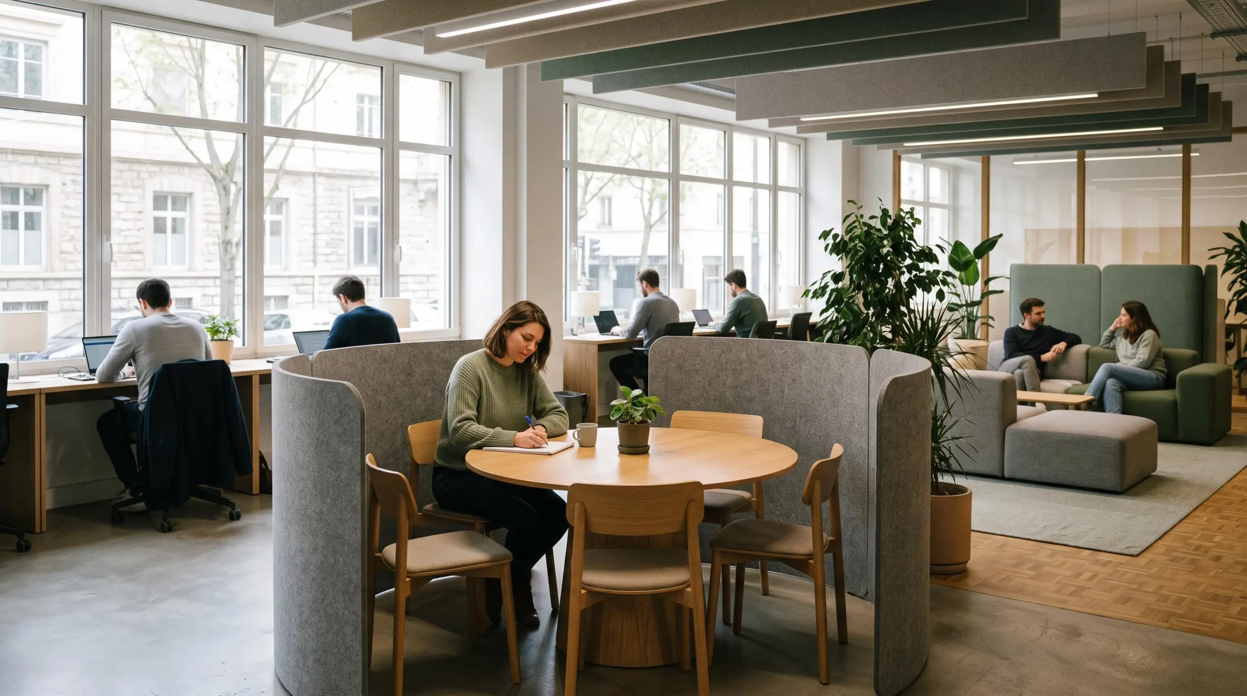 Un espace de coworking zonné avec une bulle de réunion isolée par des écrans acoustiques et des postures de travail en arrière-plan.